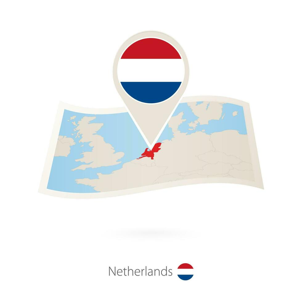 Folded paper map of Netherlands with flag pin of Netherlands. vector