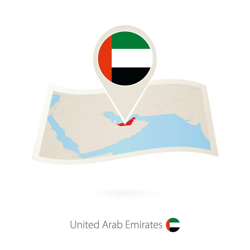 Folded paper map of United Arab Emirates with flag pin of UAE. vector