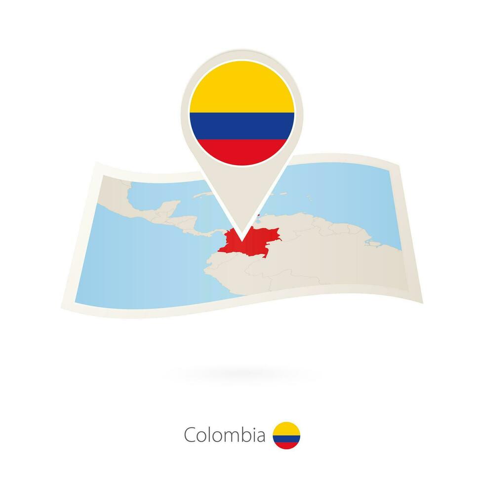 Folded paper map of Colombia with flag pin of Colombia. vector