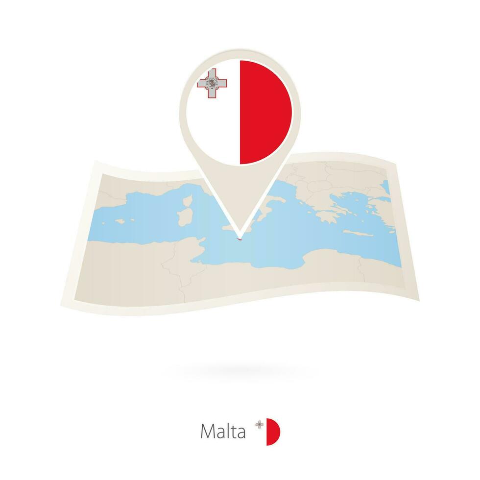 Folded paper map of Malta with flag pin of Malta. vector