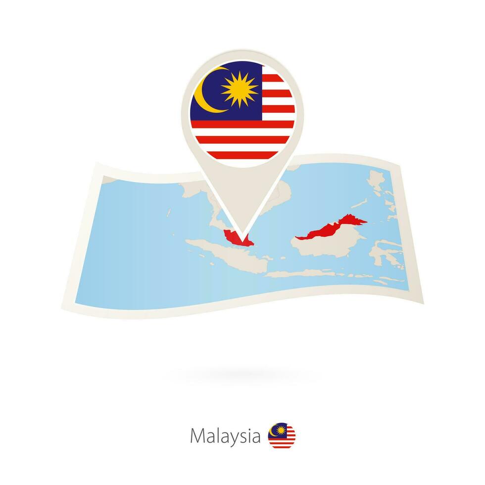 Folded paper map of Malaysia with flag pin of Malaysia. vector
