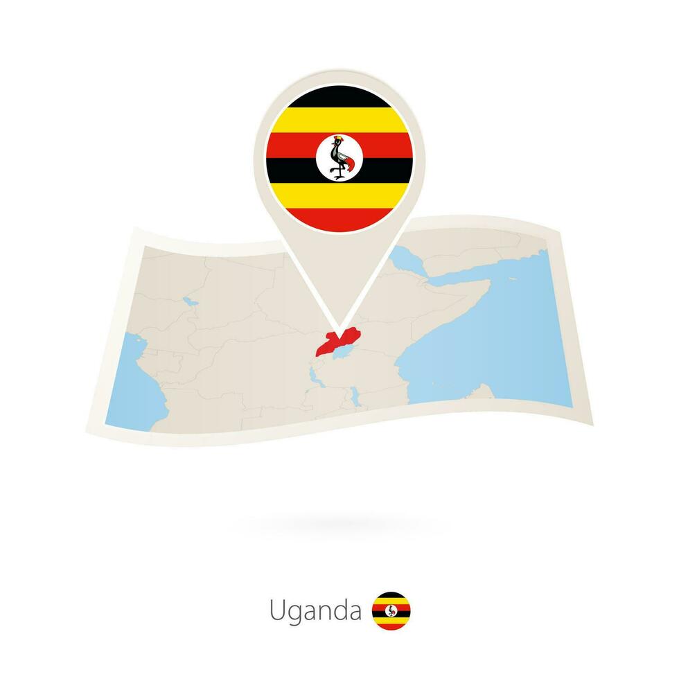Folded paper map of Uganda with flag pin of Uganda. vector
