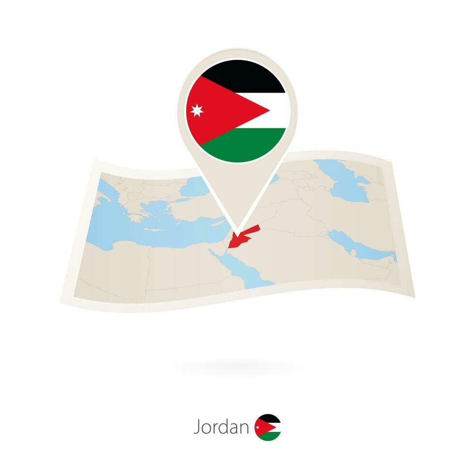 Folded paper map of Jordan with flag pin of Jordan. vector