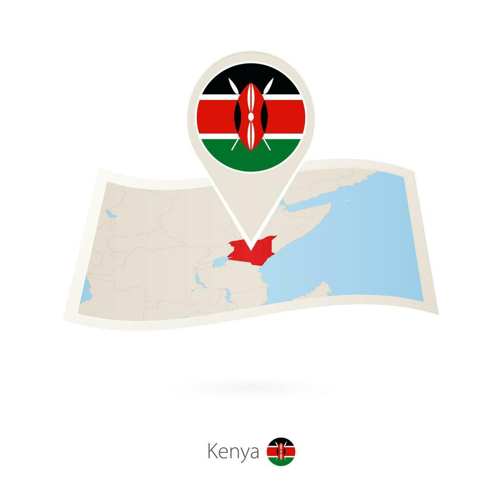 Folded paper map of Kenya with flag pin of Kenya. vector