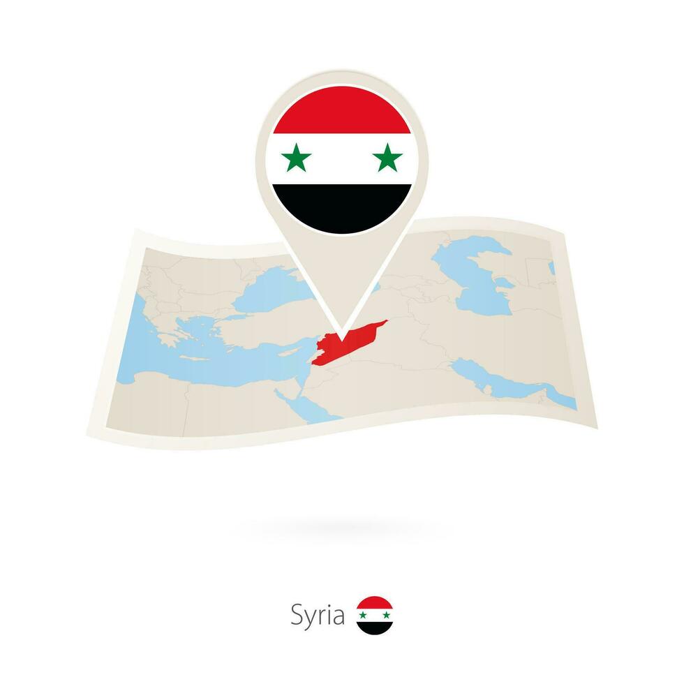 Folded paper map of Syria with flag pin of Syria. vector