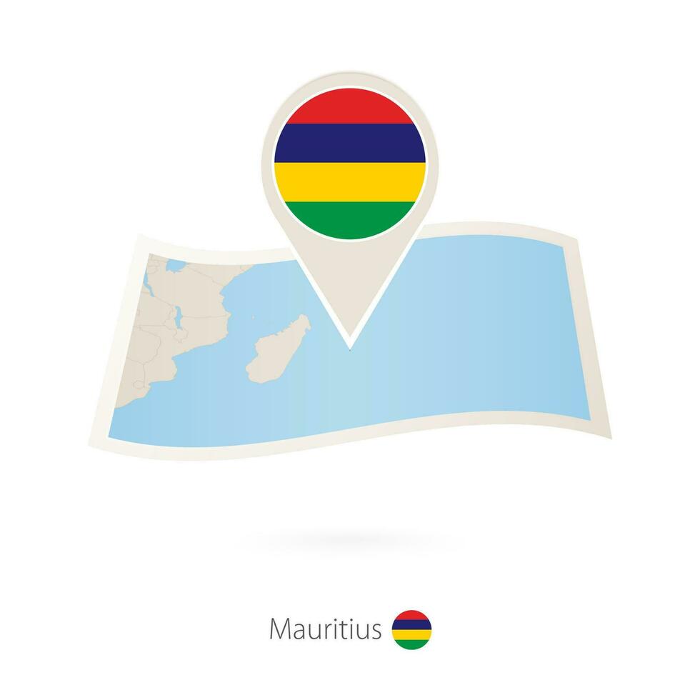 Folded paper map of Mauritius with flag pin of Mauritius. vector