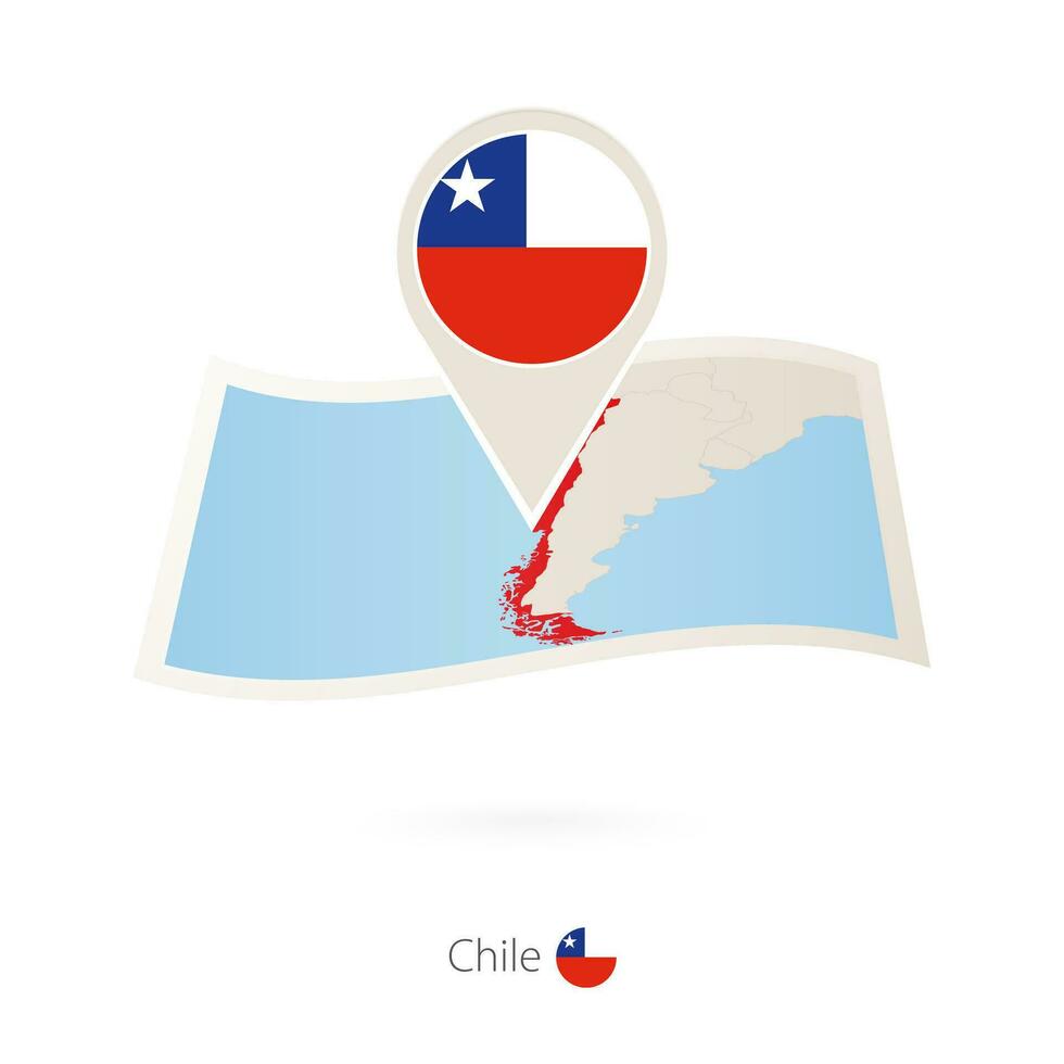 Folded paper map of Chile with flag pin of Chile. vector