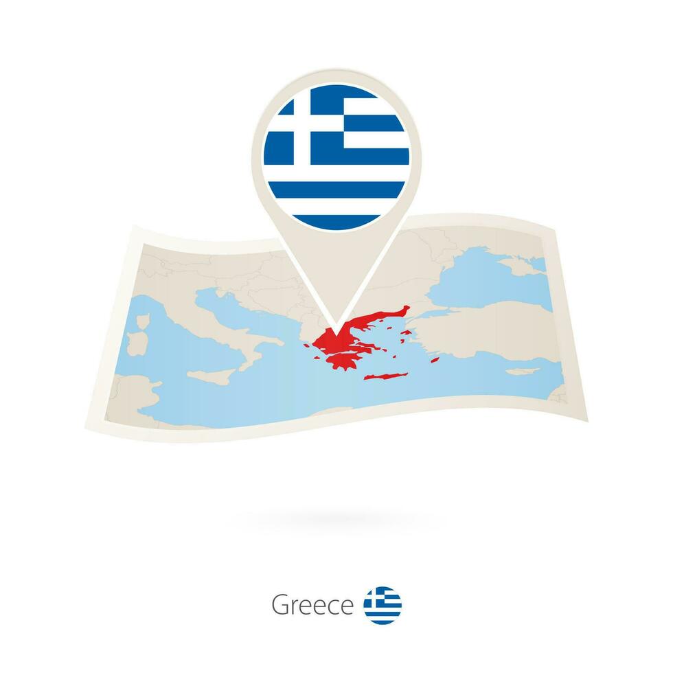 Folded paper map of Greece with flag pin of Greece. vector