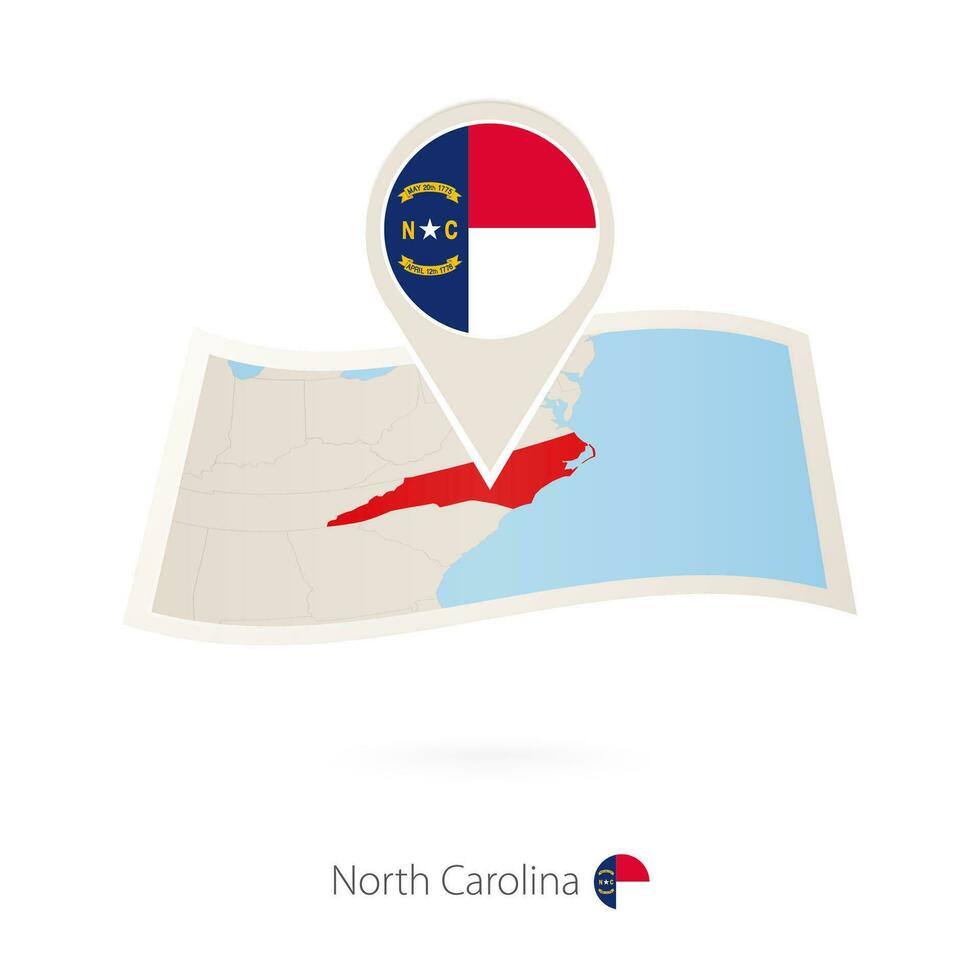 Folded paper map of North Carolina U.S. State with flag pin of North Carolina. vector