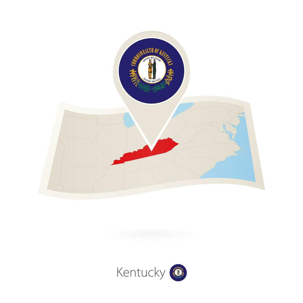 Folded paper map of Kentucky U.S. State with flag pin of Kentucky. vector