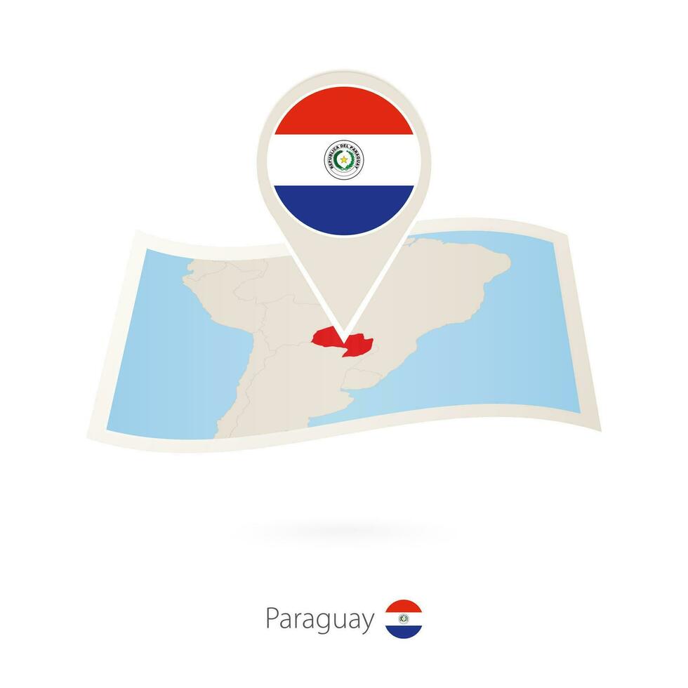 Folded paper map of Paraguay with flag pin of Paraguay. vector