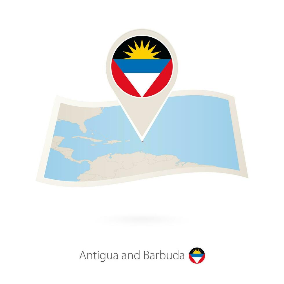 doblada papel mapa de antigua y barbuda con bandera alfiler de antigua y barbuda. vector