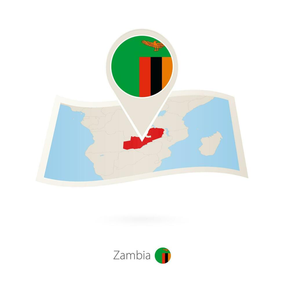 doblada papel mapa de Zambia con bandera alfiler de Zambia. vector