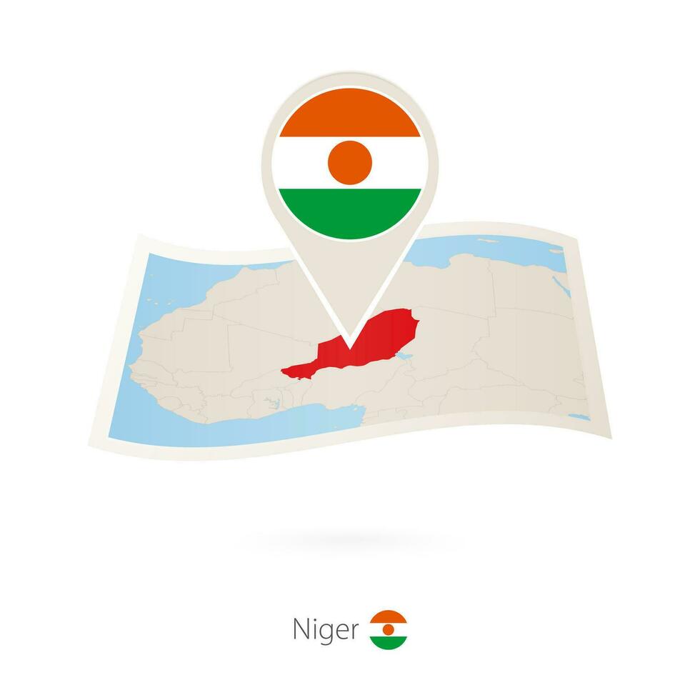 Folded paper map of Niger with flag pin of Niger. vector