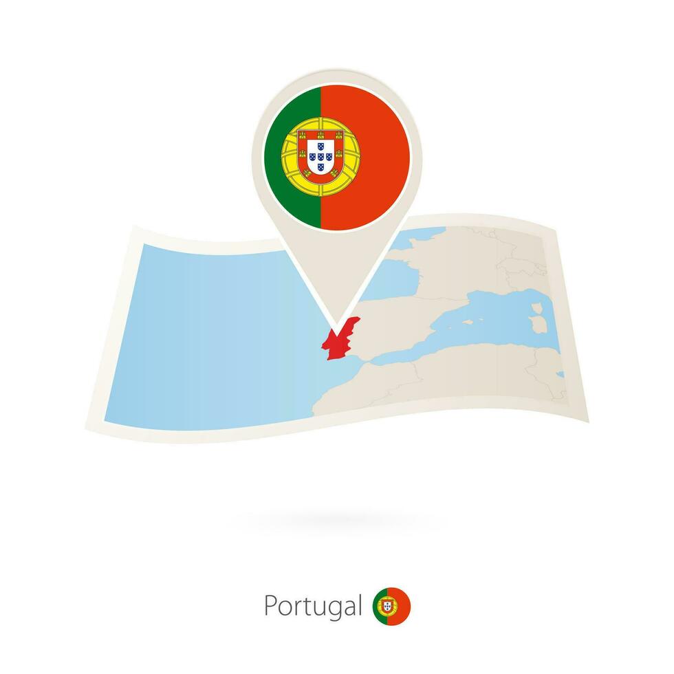 Folded paper map of Portugal with flag pin of Portugal. vector