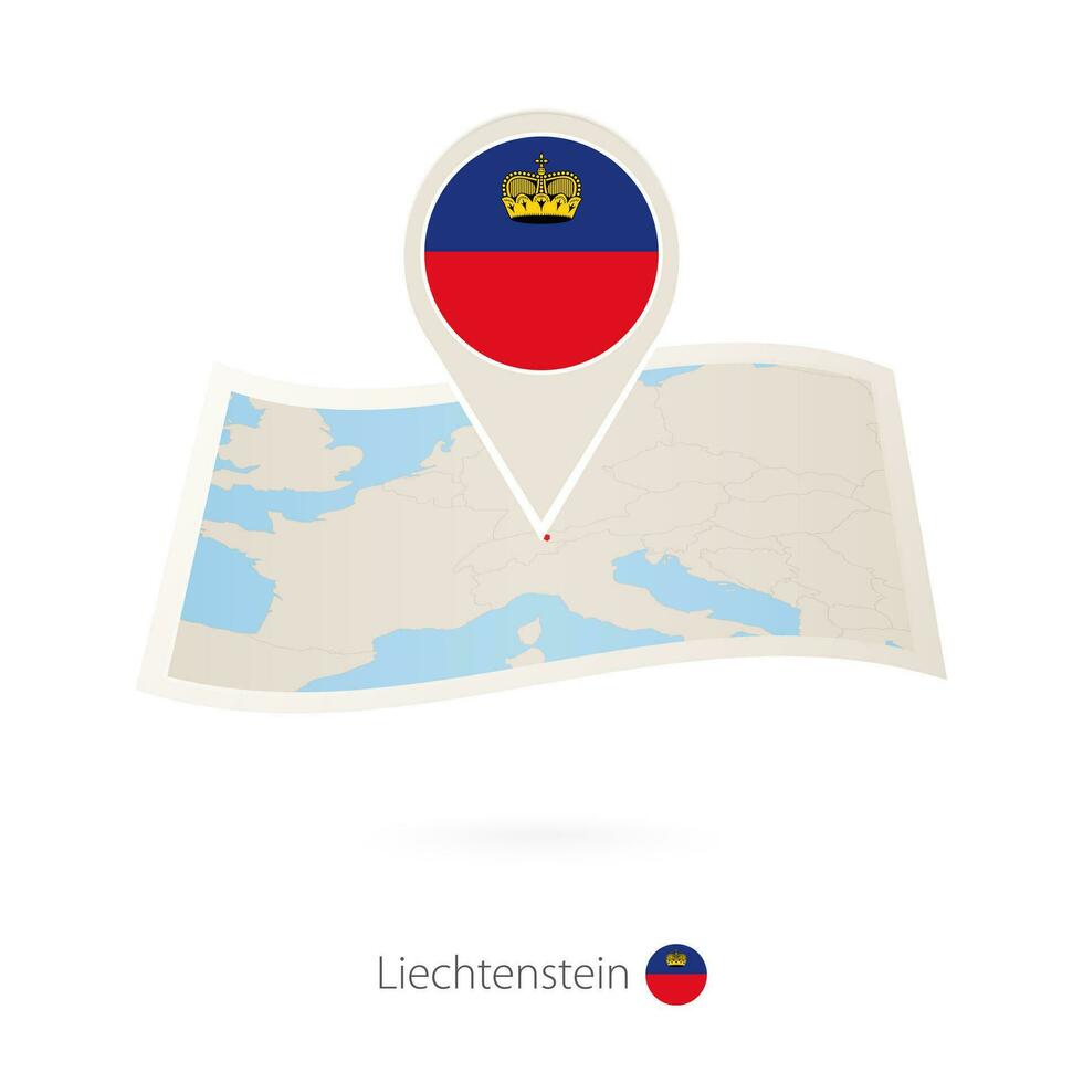 Folded paper map of Liechtenstein with flag pin of Liechtenstein. vector