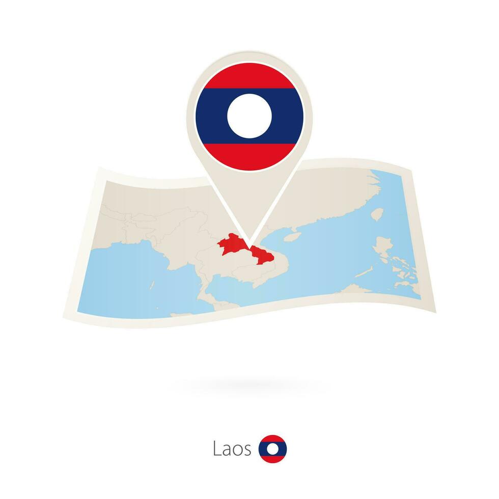 Folded paper map of Laos with flag pin of Laos. vector