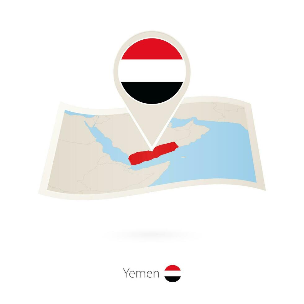Folded paper map of Yemen with flag pin of Yemen. vector