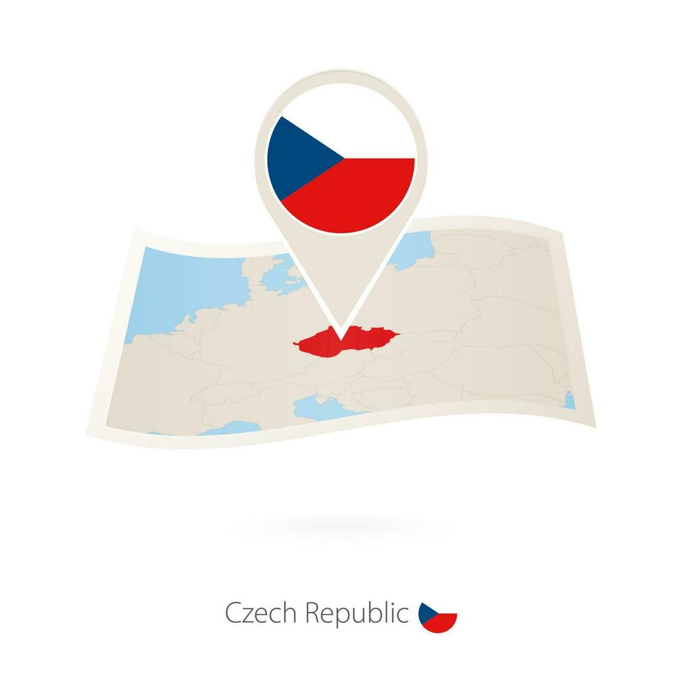 Folded paper map of Czech Republic with flag pin of Czech Republic. vector