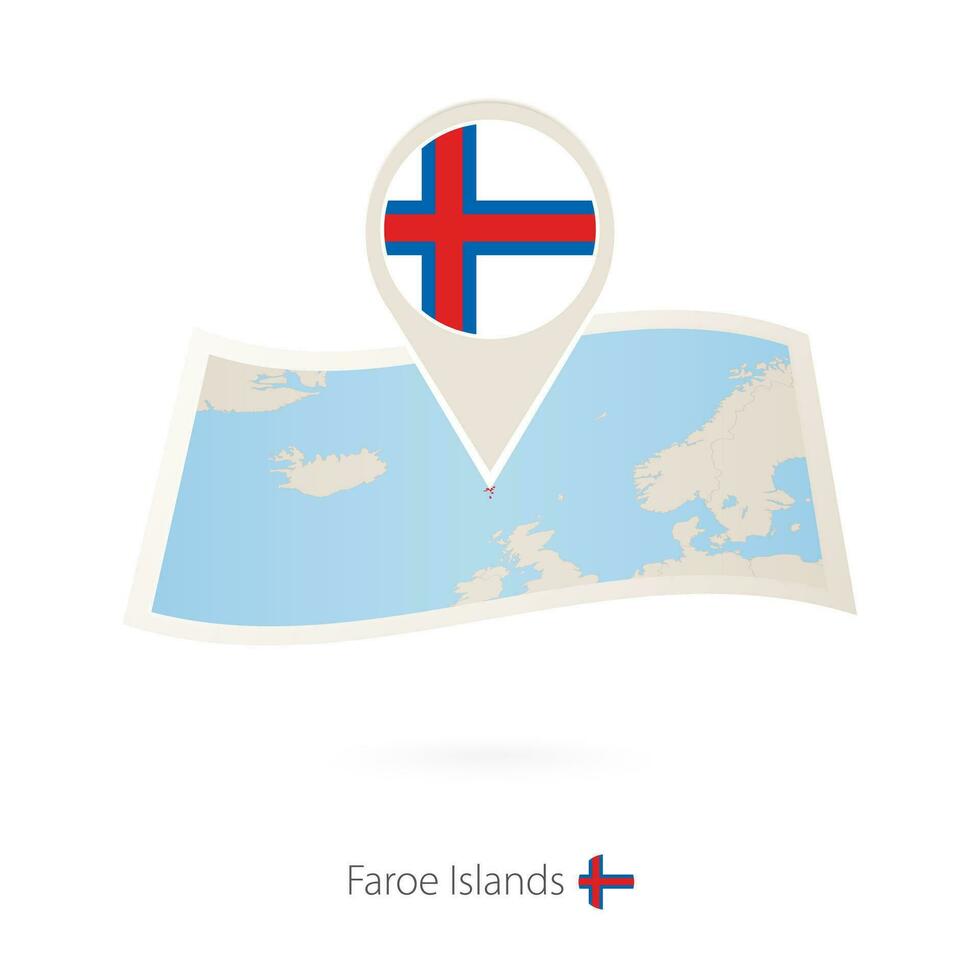 Folded paper map of Faroe Islands with flag pin of Faroe Islands. vector