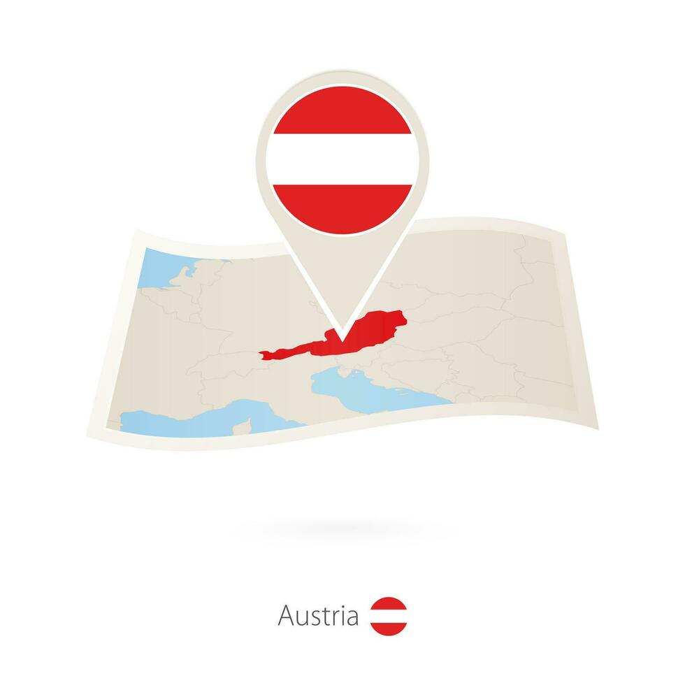 Folded paper map of Austria with flag pin of Austria. vector