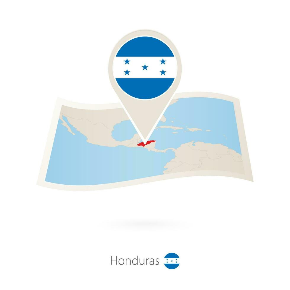 Folded paper map of Honduras with flag pin of Honduras. vector