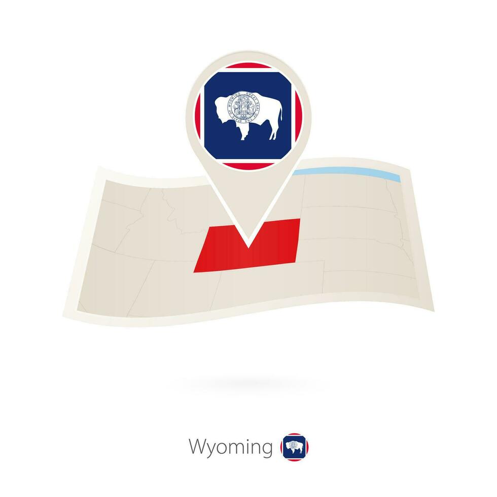 Folded paper map of Wyoming U.S. State with flag pin of Wyoming. vector