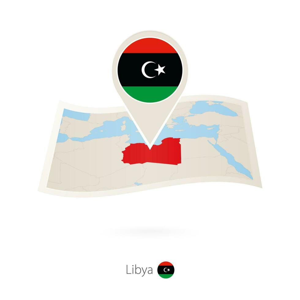 doblada papel mapa de Libia con bandera alfiler de Libia. vector