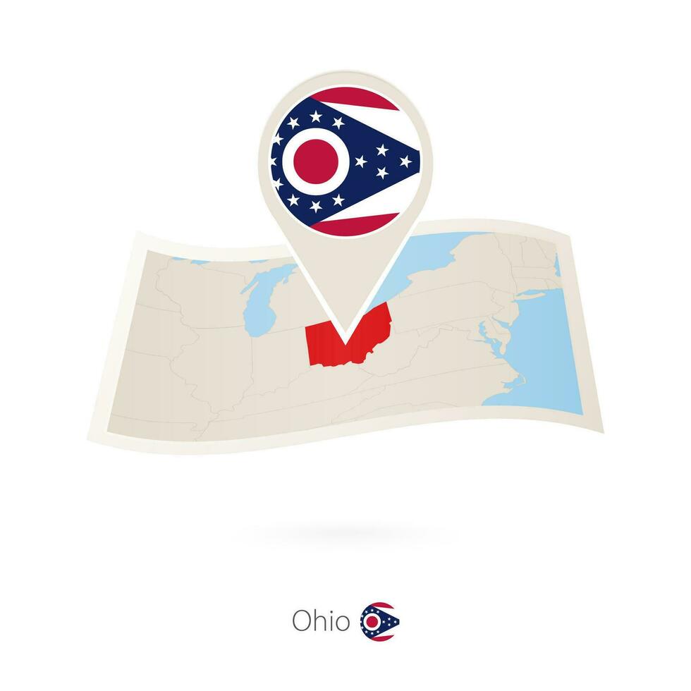 doblada papel mapa de Ohio nos estado con bandera alfiler de Ohio. vector