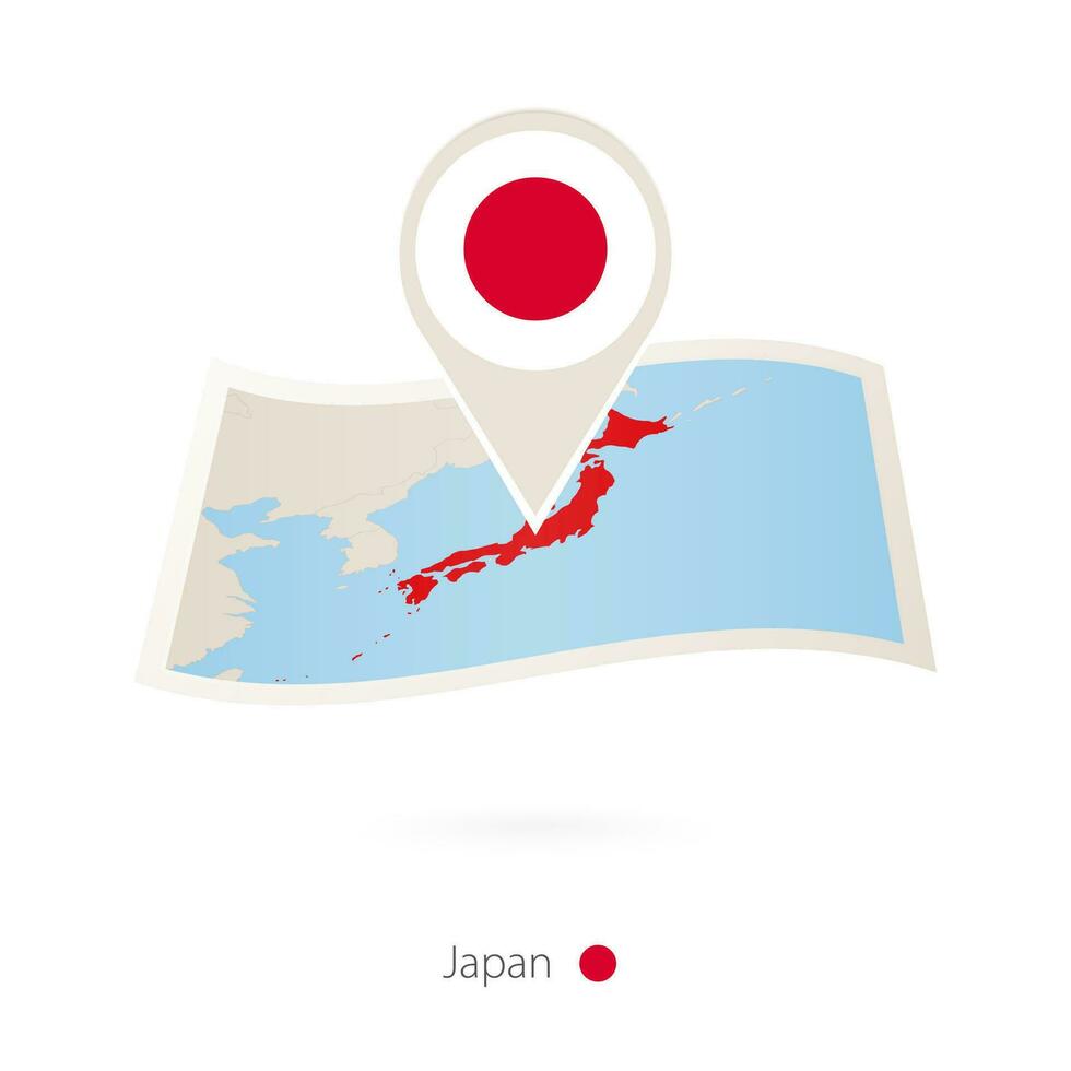 doblada papel mapa de Japón con bandera alfiler de Japón vector