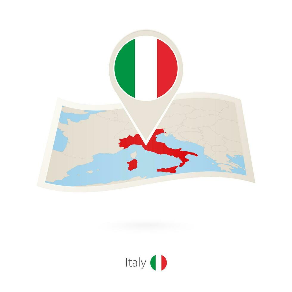 Folded paper map of Italy with flag pin of Italy. vector