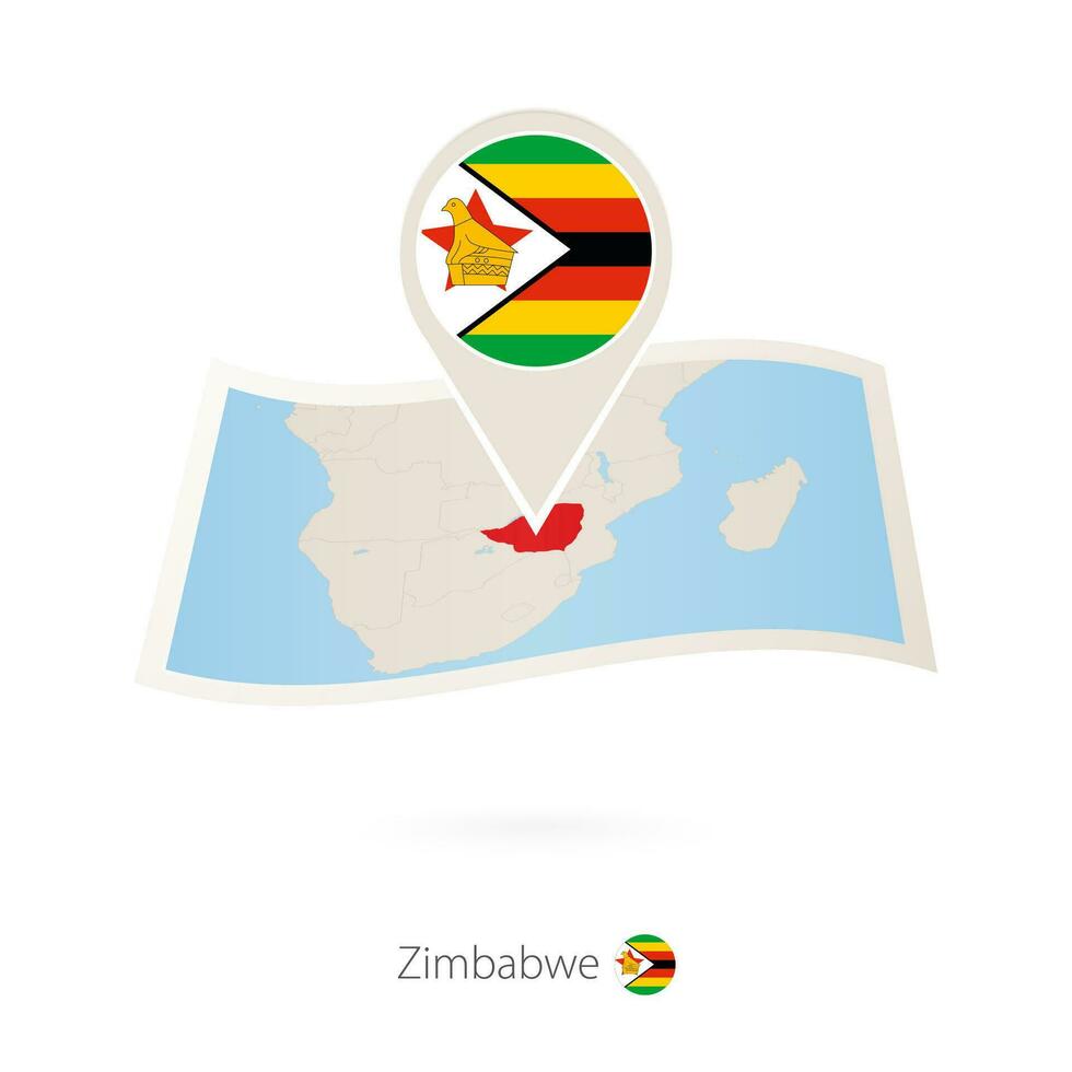 Folded paper map of Zimbabwe with flag pin of Zimbabwe. vector