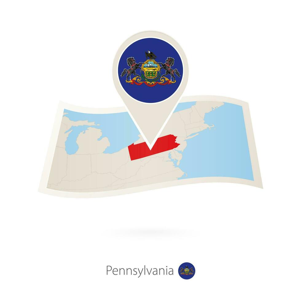 Folded paper map of Pennsylvania U.S. State with flag pin of Pennsylvania. vector