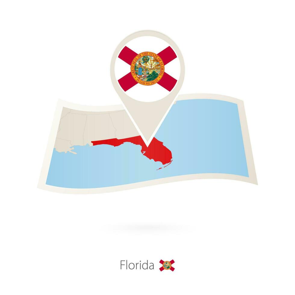 Folded paper map of Florida U.S. State with flag pin of Florida. vector