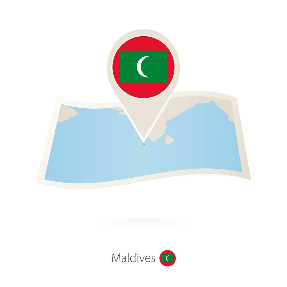 Folded paper map of Maldives with flag pin of Maldives. vector