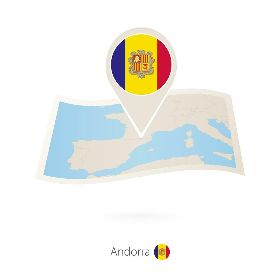 Folded paper map of Andorra with flag pin of Andorra. vector