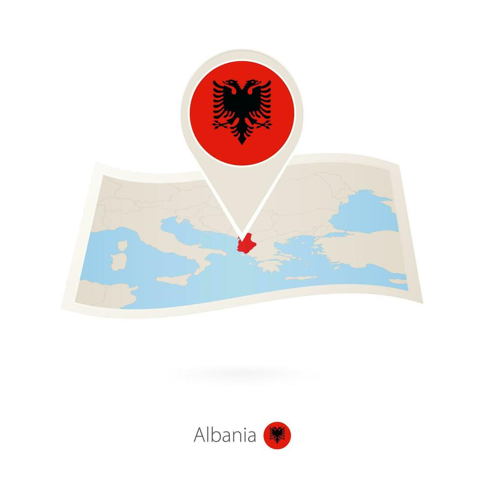 Folded paper map of Albania with flag pin of Albania. vector