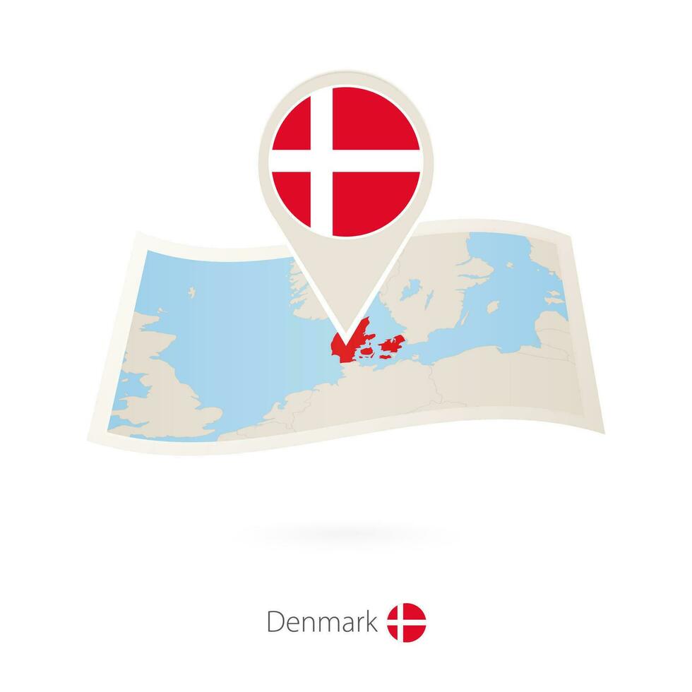 Folded paper map of Denmark with flag pin of Denmark. vector