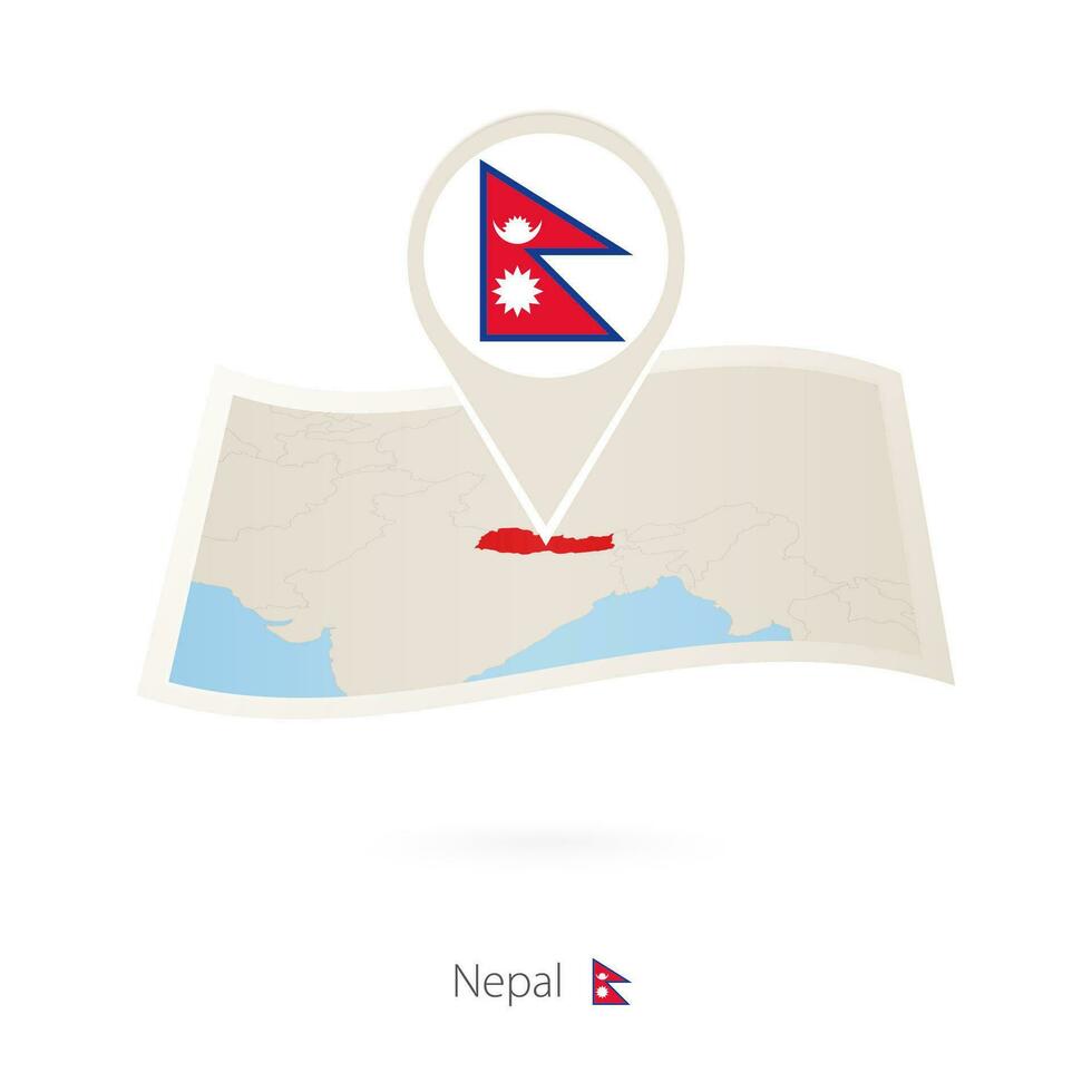 doblada papel mapa de Nepal con bandera alfiler de Nepal. vector