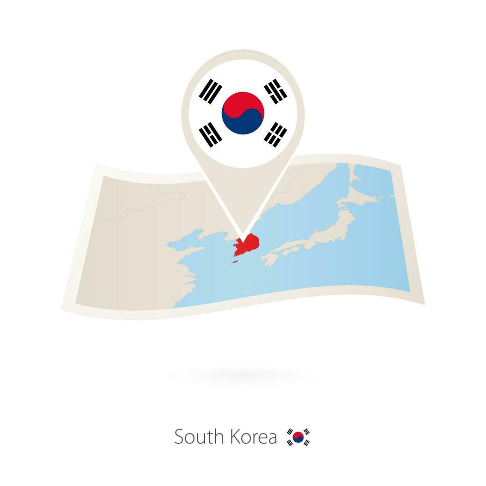 Folded paper map of South Korea with flag pin of South Korea. vector