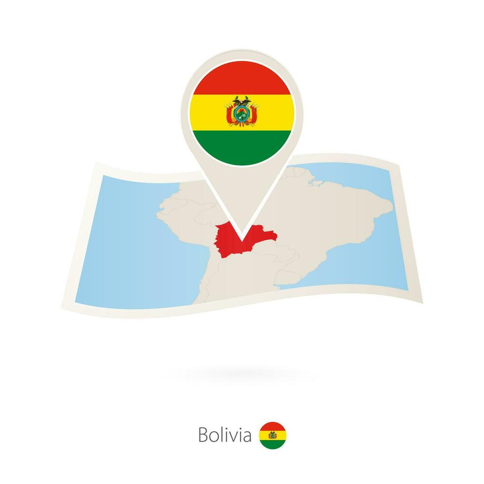 Folded paper map of Bolivia with flag pin of Bolivia. vector