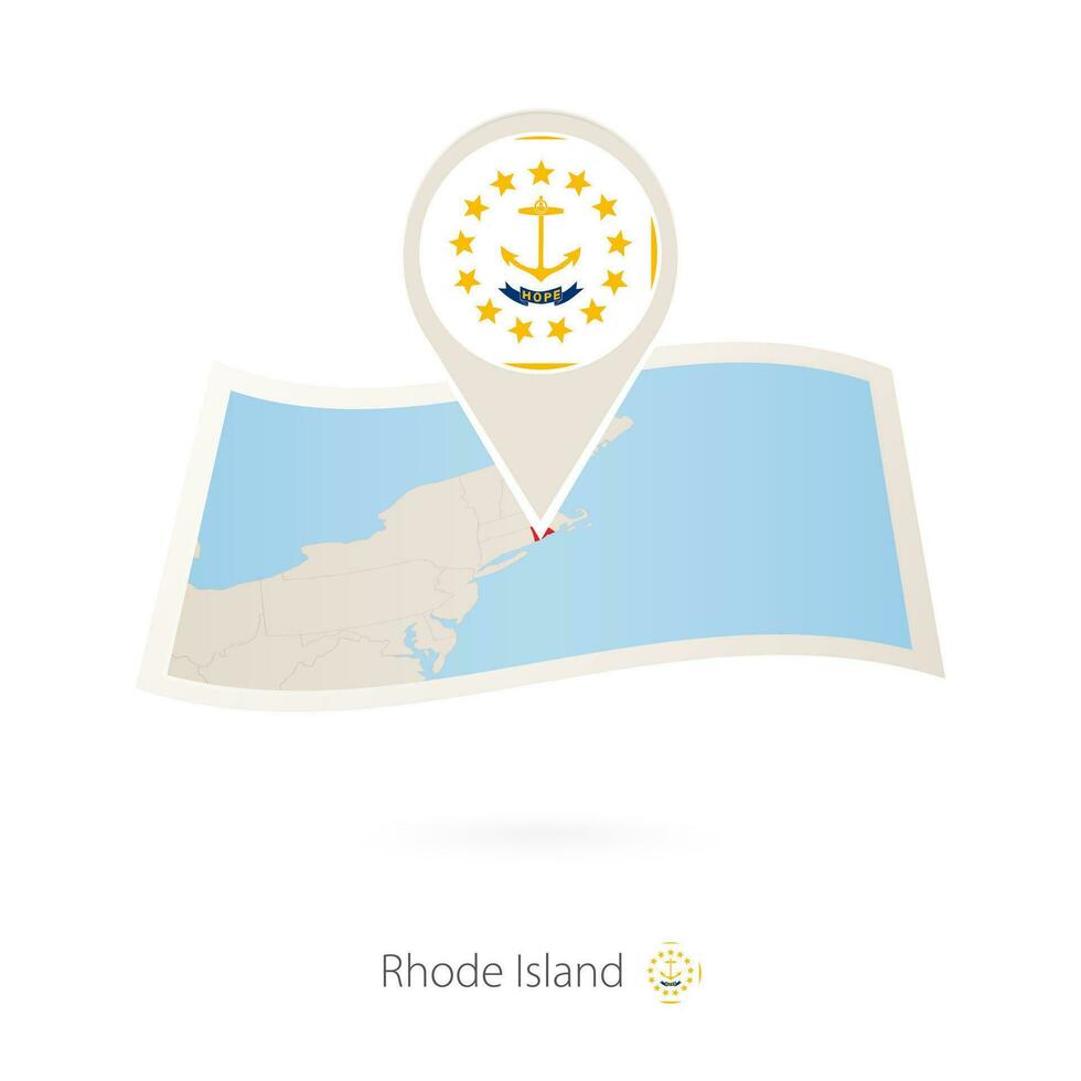 Folded paper map of Rhode Island U.S. State with flag pin of Rhode Island. vector