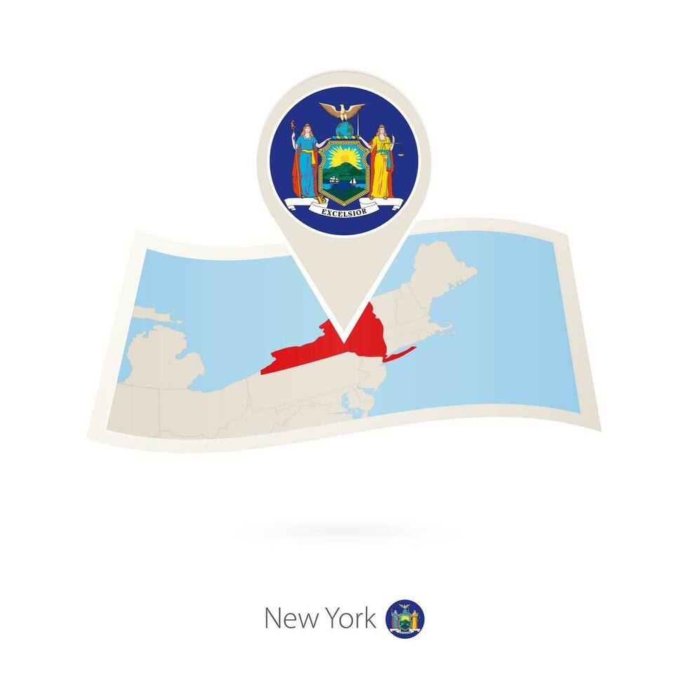 Folded paper map of New York U.S. State with flag pin of New York. vector