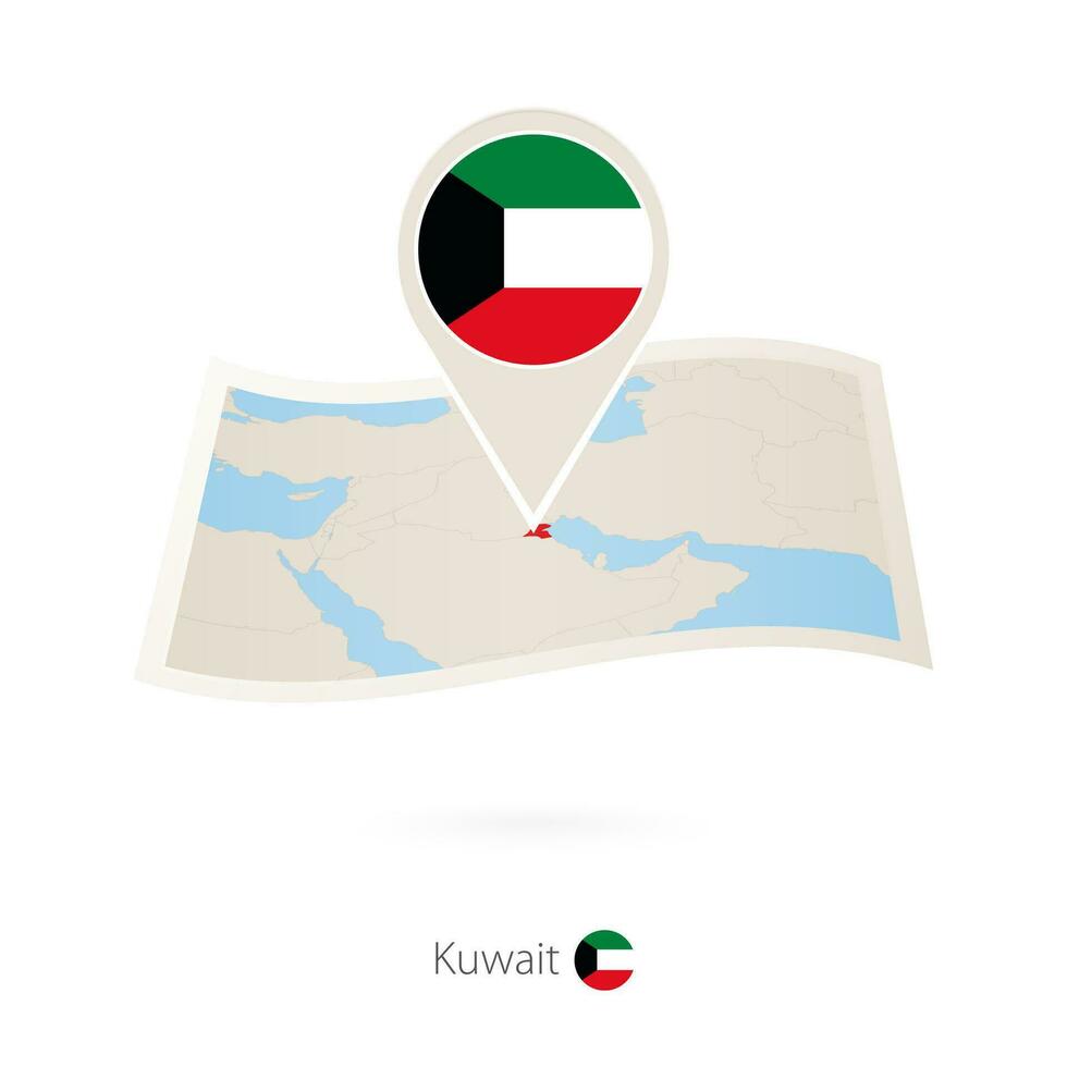Folded paper map of Kuwait with flag pin of Kuwait. vector