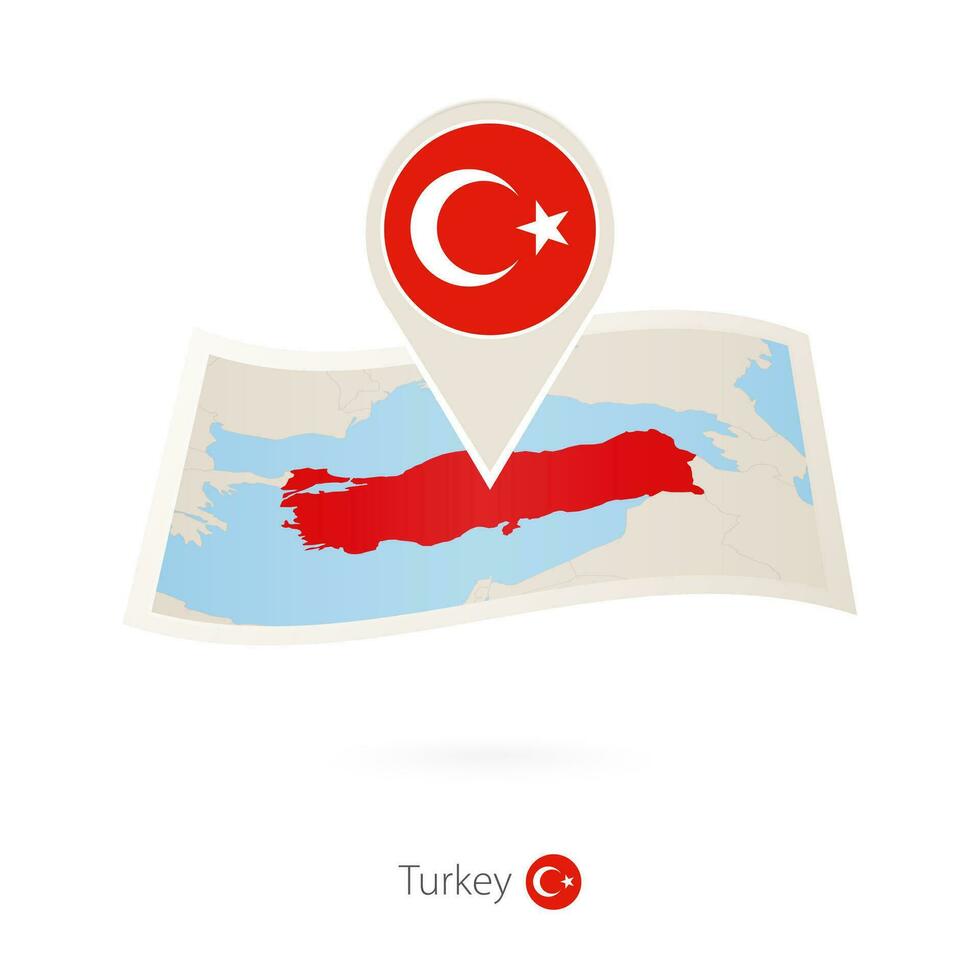 doblada papel mapa de Turquía con bandera alfiler de pavo. vector