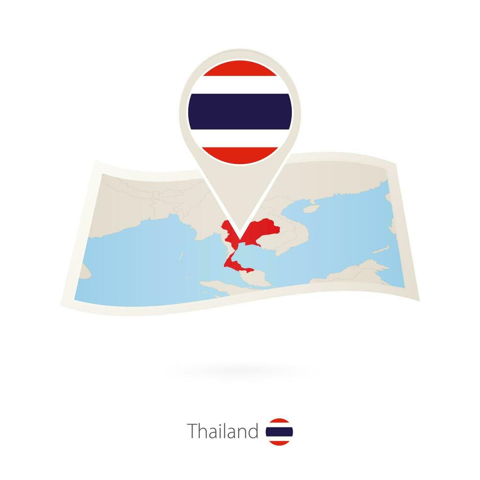 Folded paper map of Thailand with flag pin of Thailand. vector