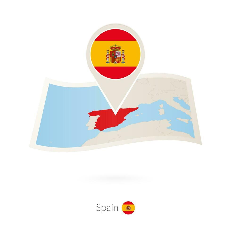 doblada papel mapa de España con bandera alfiler de España. vector