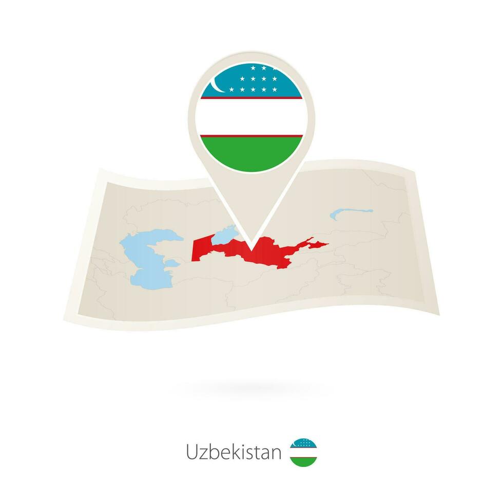 Folded paper map of Uzbekistan with flag pin of Uzbekistan. vector