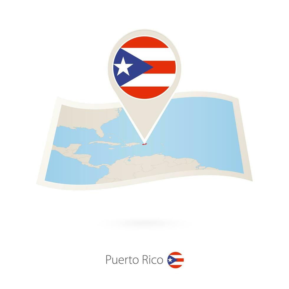 Folded paper map of Puerto Rico with flag pin of Puerto Rico. vector