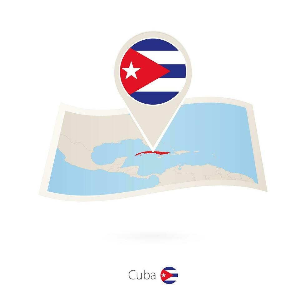 Folded paper map of Cuba with flag pin of Cuba. vector